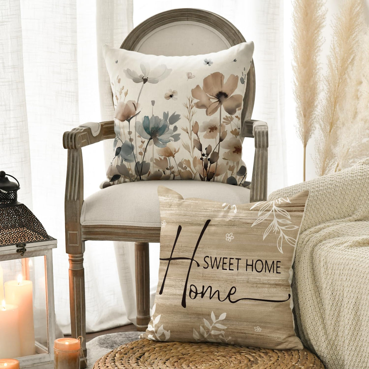 Velvet Chinoiserie Poppy Flowers Chickadee Spring Home Sweet Home Throw Pillow Covers
