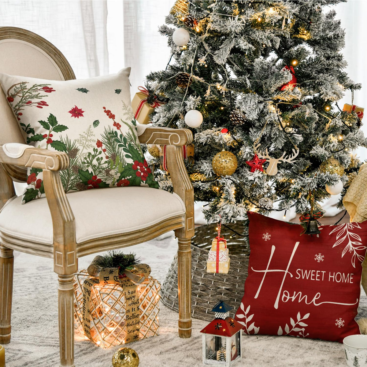 Set of 4 Christmas Cardinal Home Sweet Home Poinsettia Holly Berries Throw Pillow Covers, 18 x 18 Inch