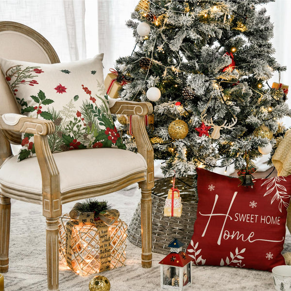 Set of 4 Christmas Cardinal Home Sweet Home Poinsettia Holly Berries Throw Pillow Covers, 18 x 18 Inch