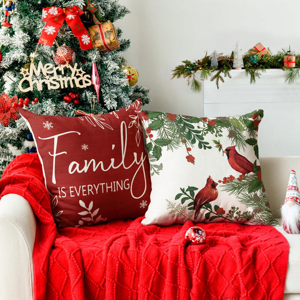 Set of 4 Christmas Cardinal Home Sweet Home Poinsettia Holly Berries Throw Pillow Covers, 18 x 18 Inch