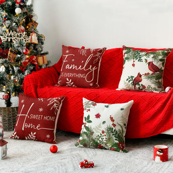 Set of 4 Christmas Cardinal Home Sweet Home Poinsettia Holly Berries Throw Pillow Covers, 18 x 18 Inch