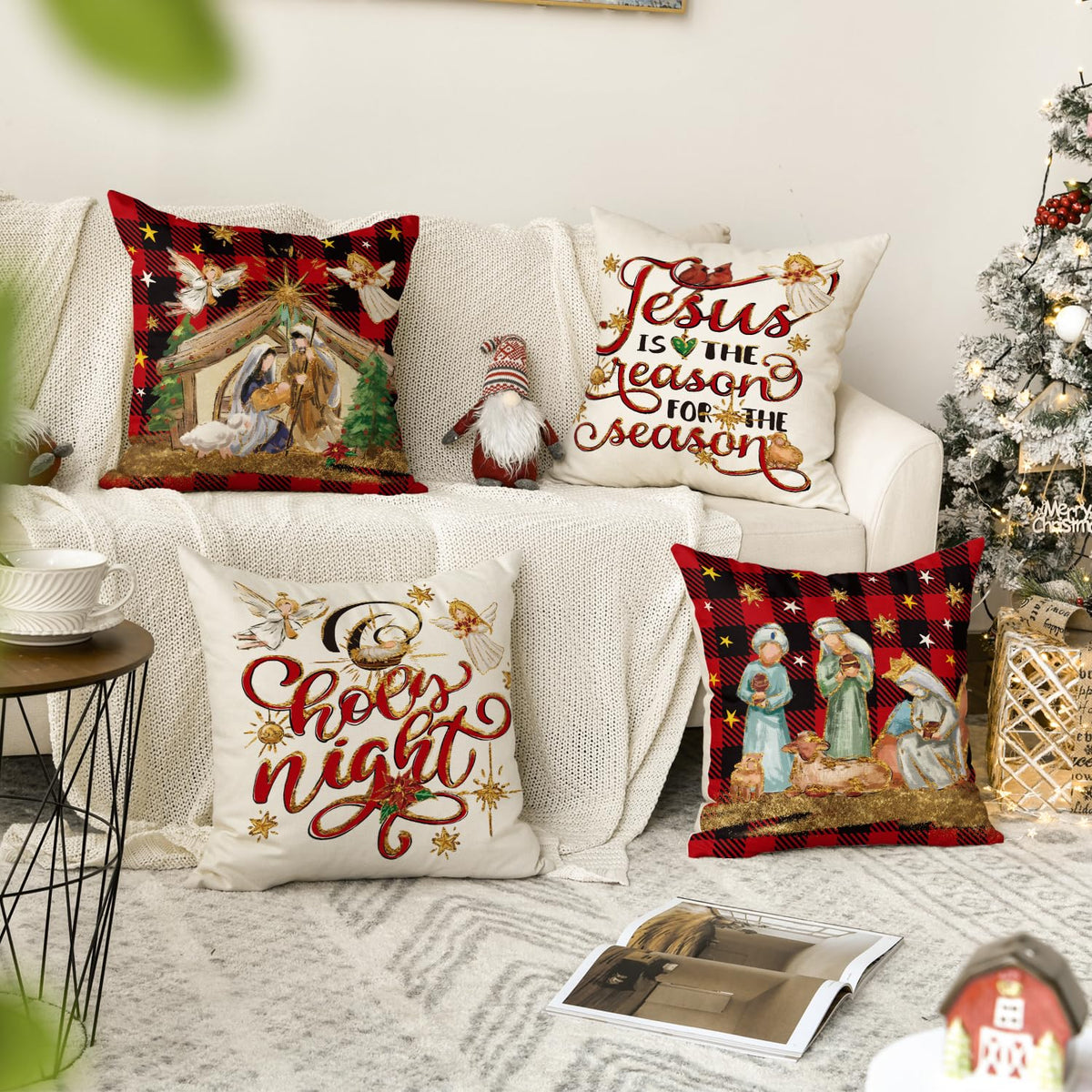 Set of 4 Christmas O Holy Night Jesus Cardinal Buffalo Plaid Throw Pillow Covers