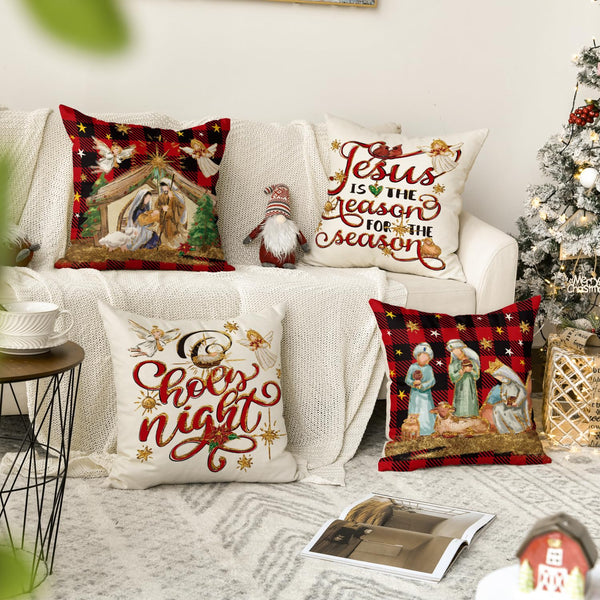 Set of 4 Christmas O Holy Night Jesus Cardinal Buffalo Plaid Throw Pillow Covers