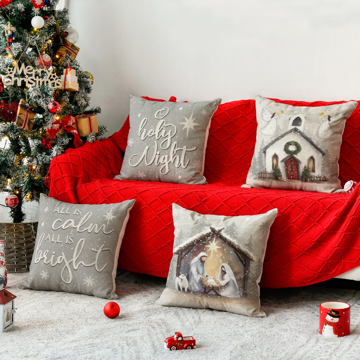 Christmas O Holy Night Jesus Snowflake Throw Pillow Covers, 18 x 18 Inch All is Clam All is Bright