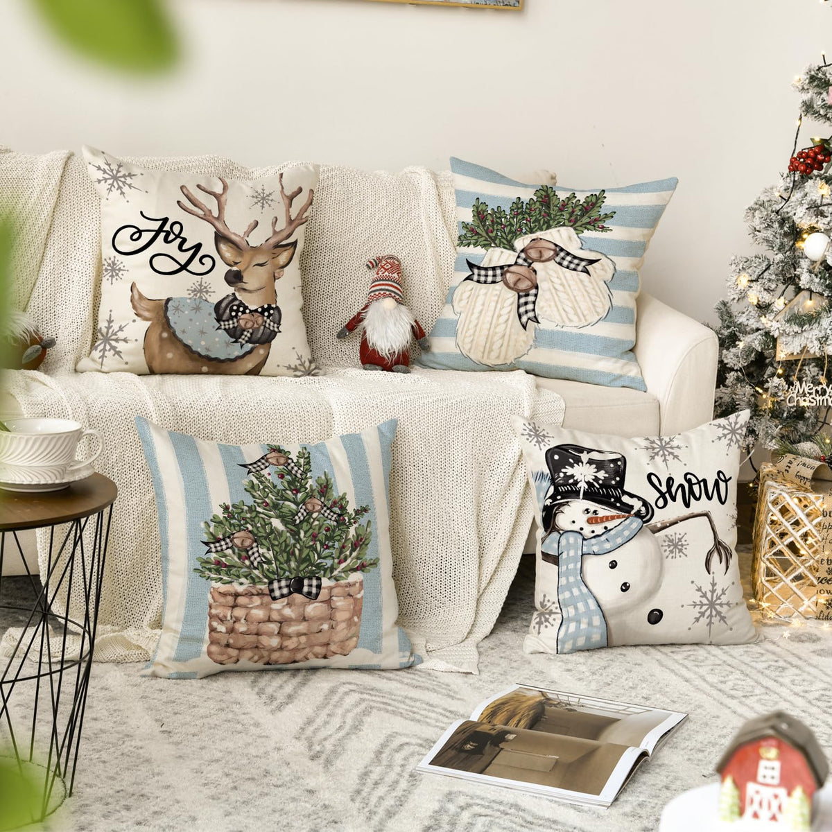 Christmas Snowman Reindeer Gloves Eucalyptus Blue Throw Pillow Covers, 18 x 18 Inch