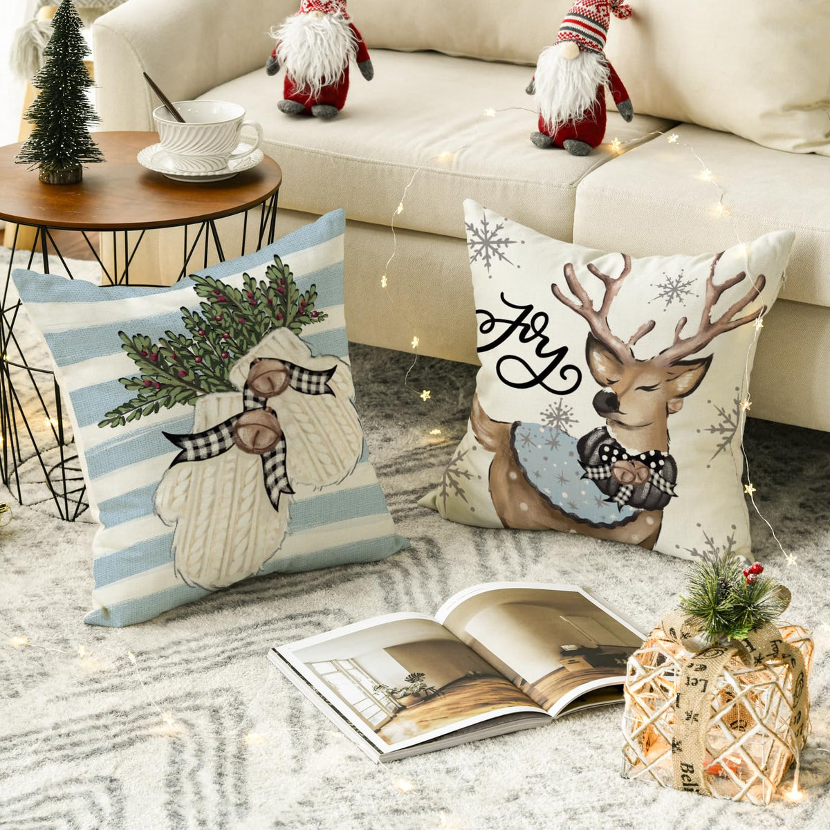 Christmas Snowman Reindeer Gloves Eucalyptus Blue Throw Pillow Covers, 18 x 18 Inch