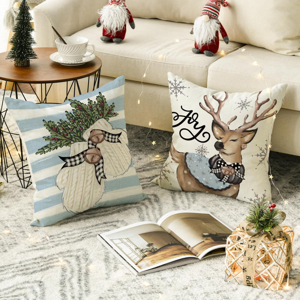 Christmas Snowman Reindeer Gloves Eucalyptus Blue Throw Pillow Covers, 18 x 18 Inch