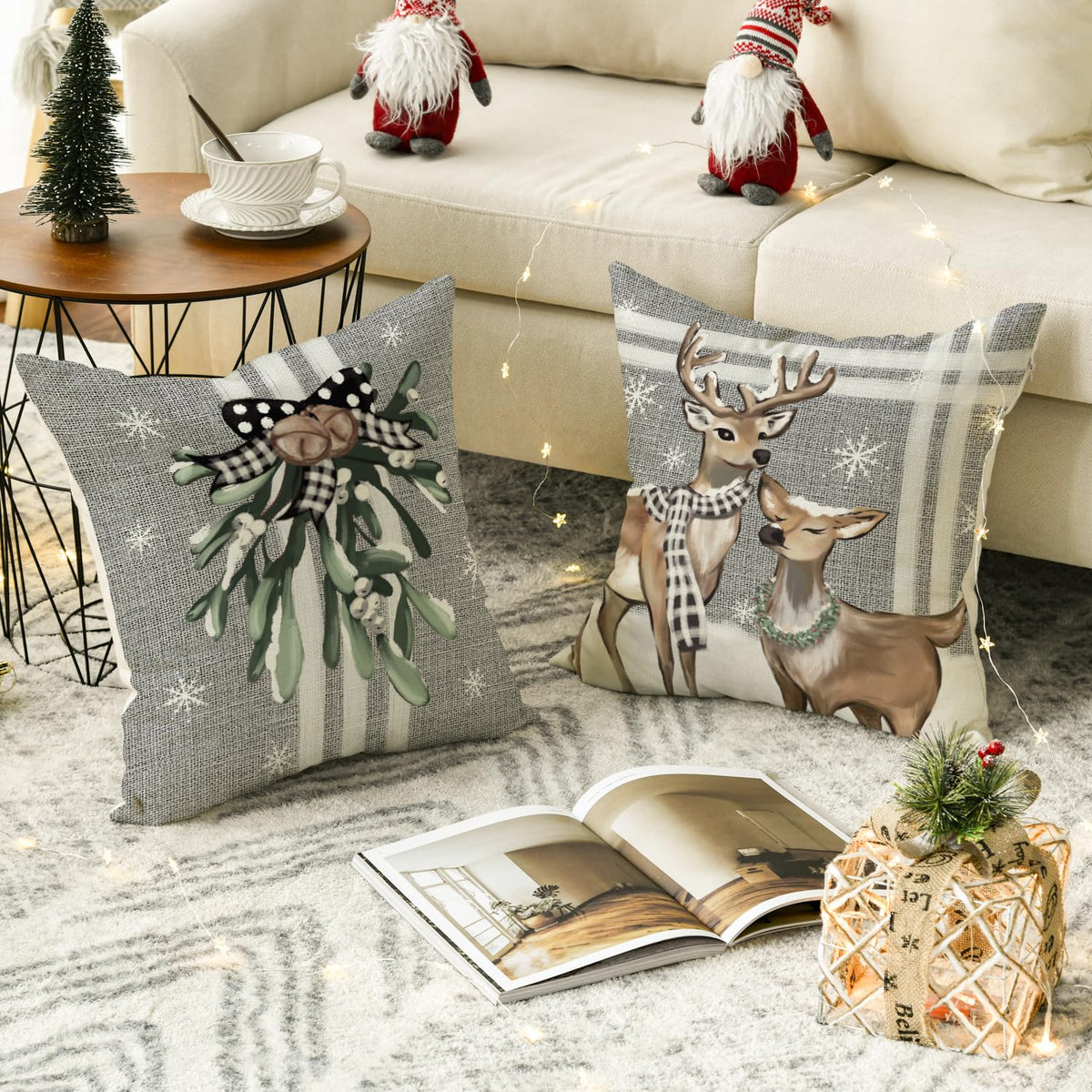Christmas Tree Reindeer Truck Stripes Gray Throw Pillow Covers, 18 x 18 Inch Winter Holiday Cushion Case