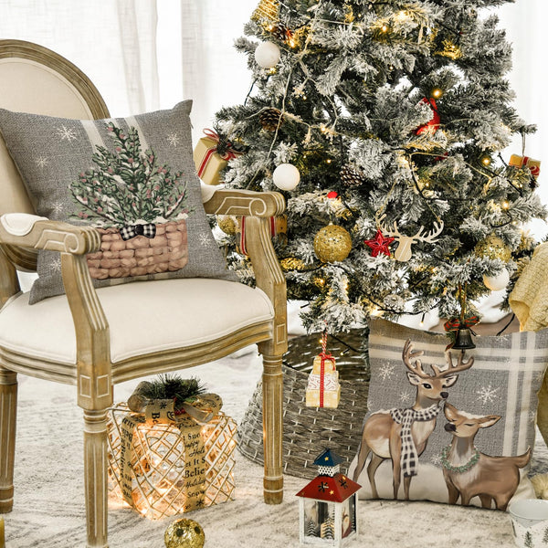 Christmas Tree Reindeer Truck Stripes Gray Throw Pillow Covers, 18 x 18 Inch Winter Holiday Cushion Case