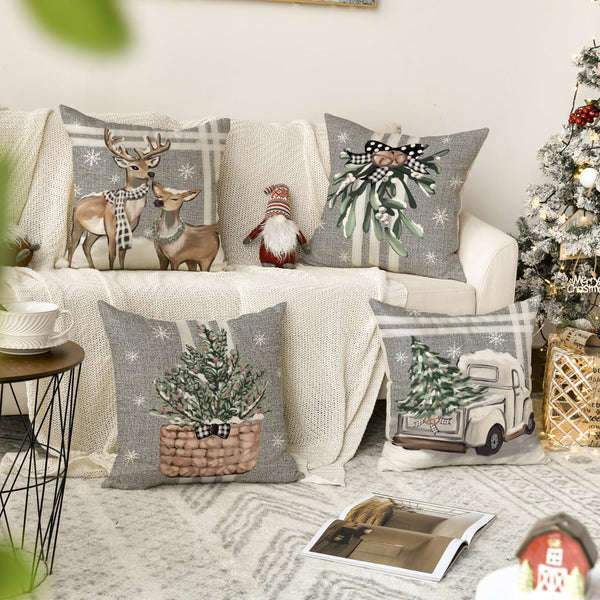 Christmas Tree Reindeer Truck Stripes Gray Throw Pillow Covers, 18 x 18 Inch Winter Holiday Cushion Case
