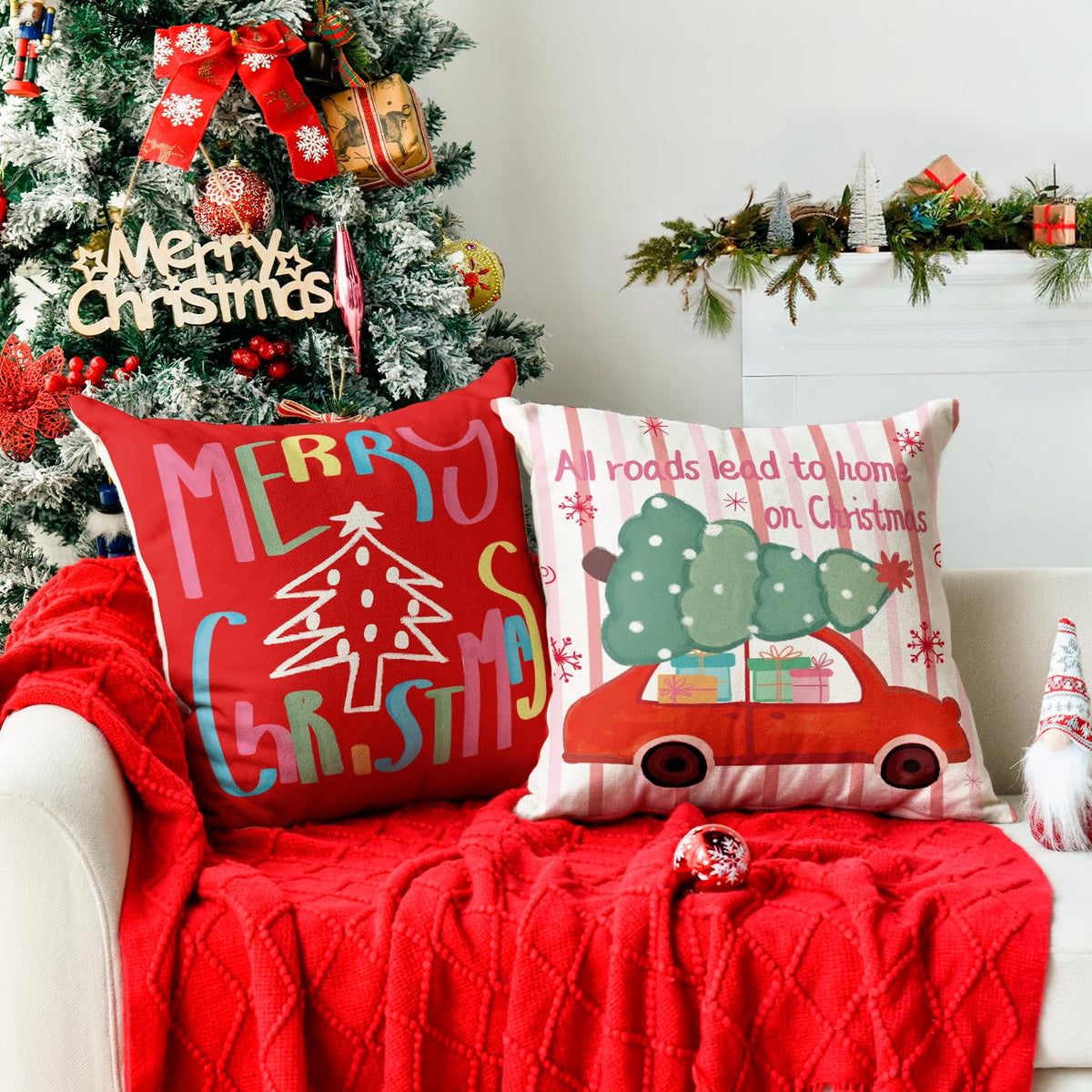 Christmas Trees Merry & Bright Colorful Red Throw Pillow Covers, 18 x 18 Inch Ho Ho Ho Xmas Holiday