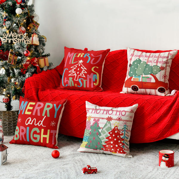 Christmas Trees Merry & Bright Colorful Red Throw Pillow Covers, 18 x 18 Inch Ho Ho Ho Xmas Holiday