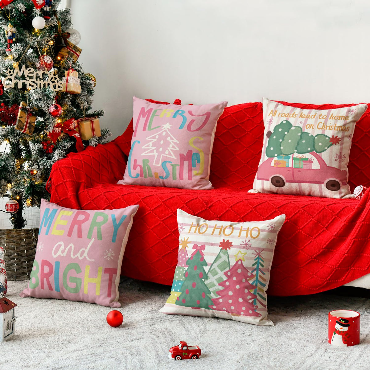 Velvet Christmas Trees Merry &amp; Bright Colorful Throw Pillow Covers, 18 x 18 Inch Ho Ho Ho