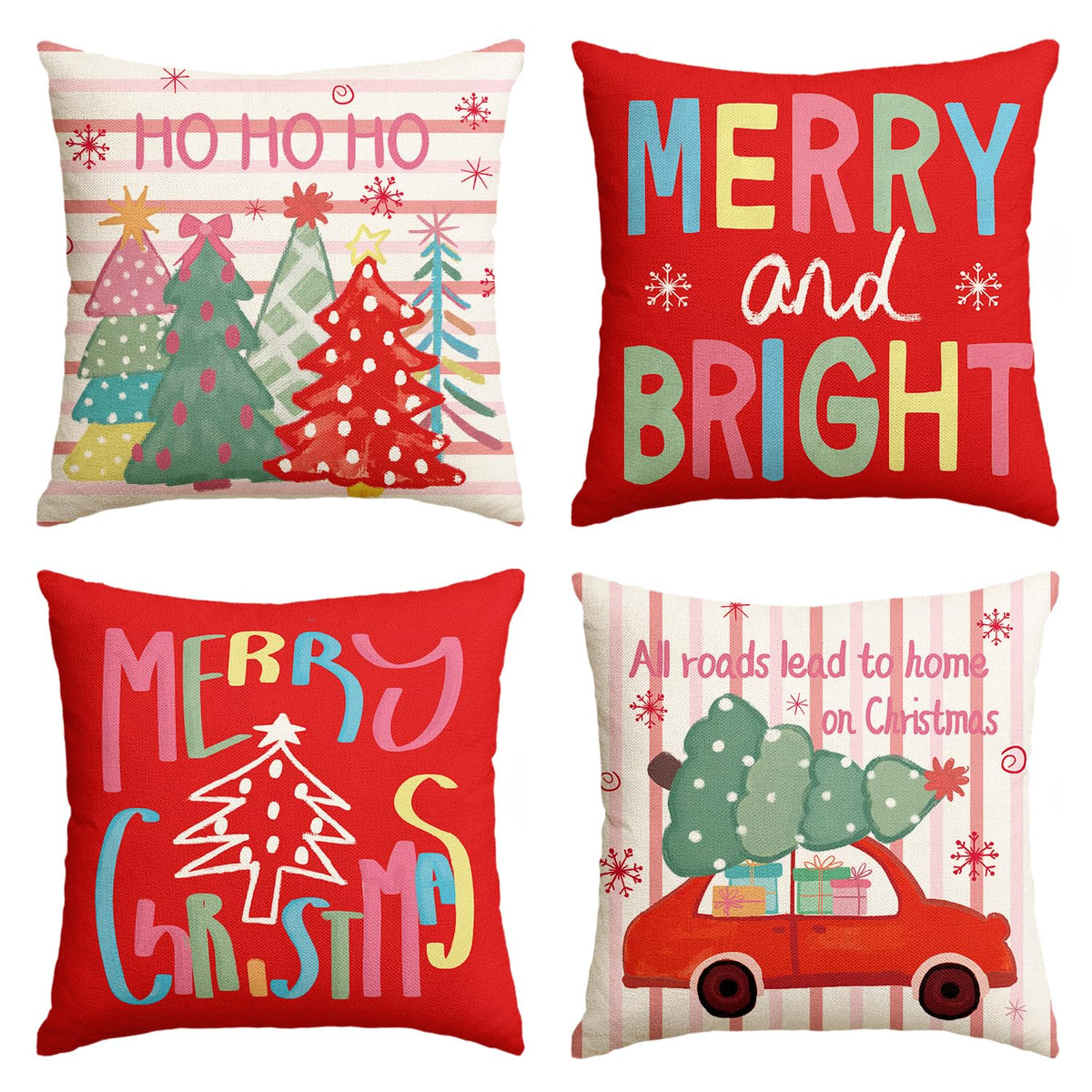Christmas Trees Merry & Bright Colorful Red Throw Pillow Covers, 18 x 18 Inch Ho Ho Ho Xmas Holiday