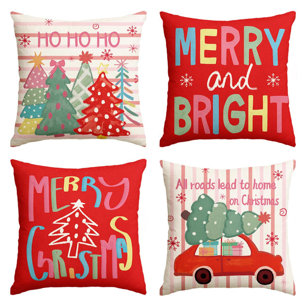 Christmas Trees Merry & Bright Colorful Red Throw Pillow Covers, 18 x 18 Inch Ho Ho Ho Xmas Holiday