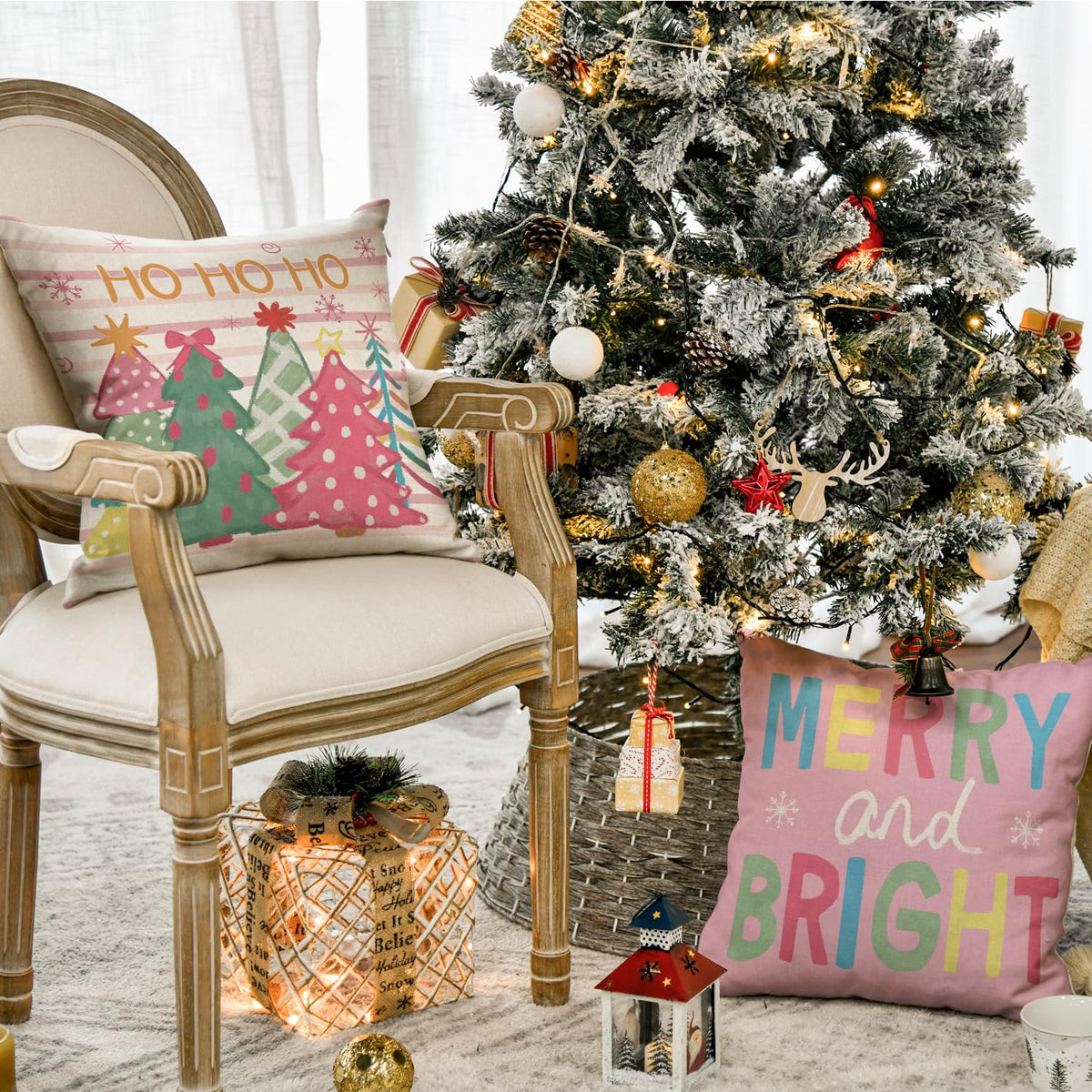 Christmas Trees Merry &amp; Bright Colorful Throw Pillow Covers, 18 x 18 Inch Ho Ho Ho Xmas Holiday Truck