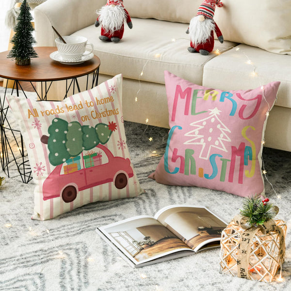 Christmas Trees Merry &amp; Bright Colorful Throw Pillow Covers, 18 x 18 Inch Ho Ho Ho Xmas Holiday Truck