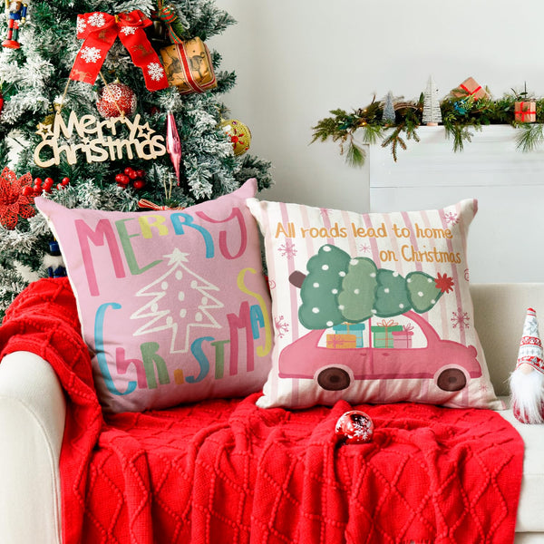 Christmas Trees Merry &amp; Bright Colorful Throw Pillow Covers, 18 x 18 Inch Ho Ho Ho Xmas Holiday Truck