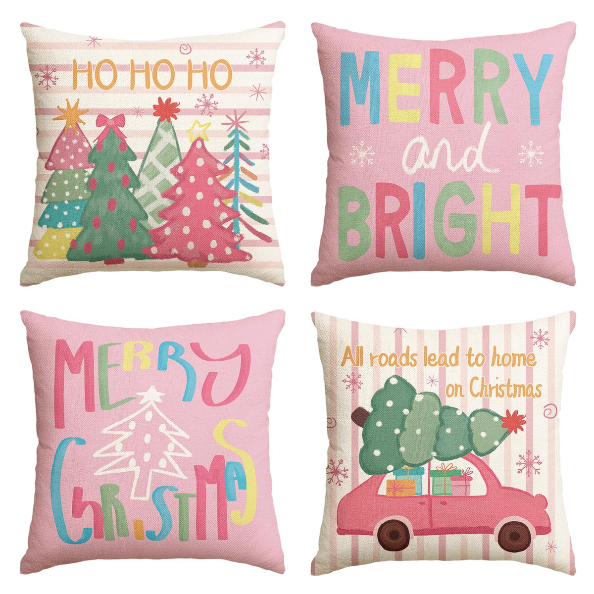 Christmas Trees Merry &amp; Bright Colorful Throw Pillow Covers, 18 x 18 Inch Ho Ho Ho Xmas Holiday Truck