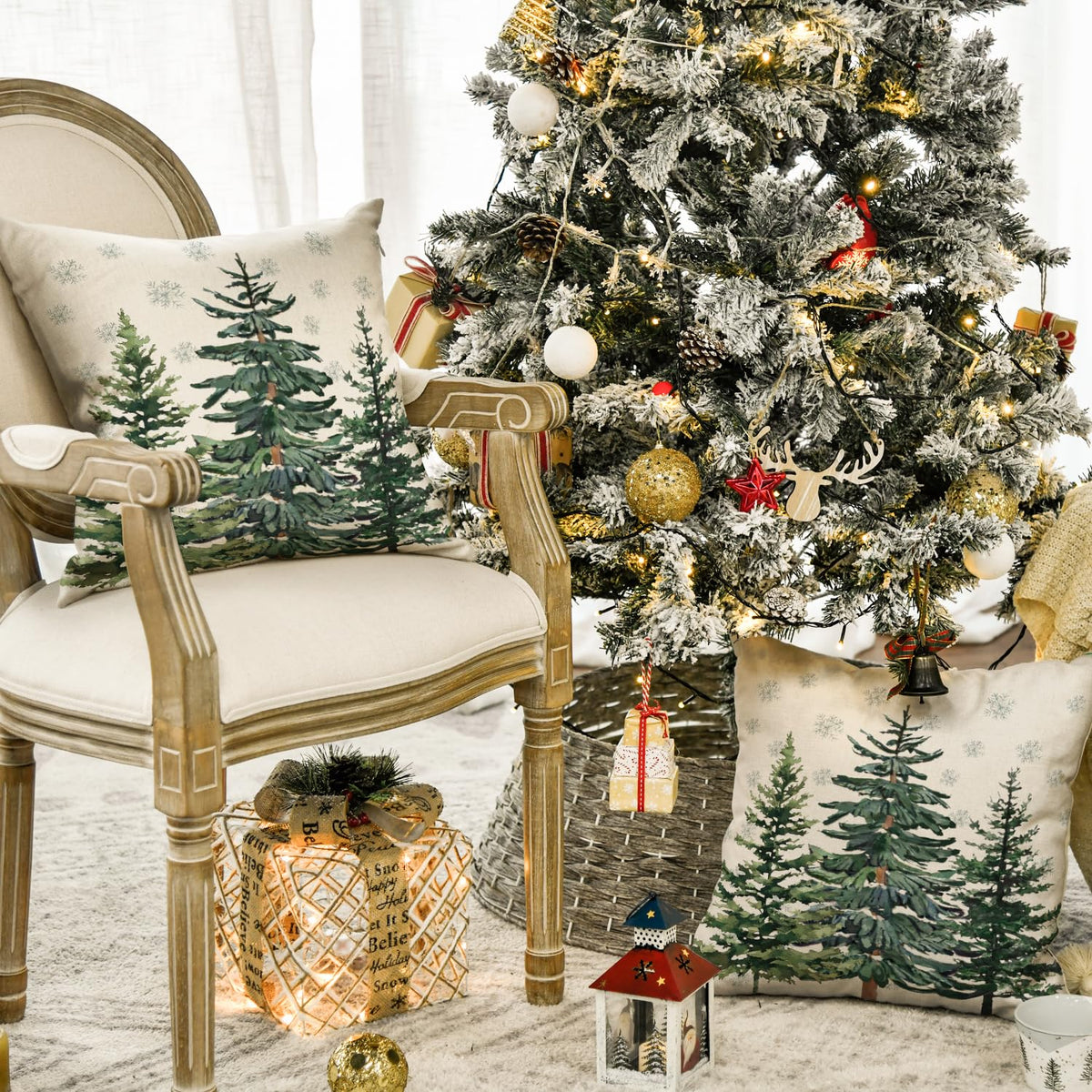 Christmas Trees Snowflake Throw Pillow Covers Set of 2, 18 x 18 Inch Winter Holiday Cushion Case