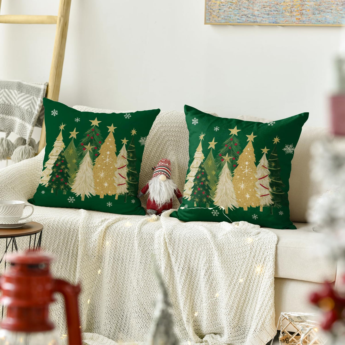 Christmas Trees Star Green Throw Pillow Covers Set of 2, 18 x 18 Inch Snowflake Seasonal Winter Holiday Cushion Case