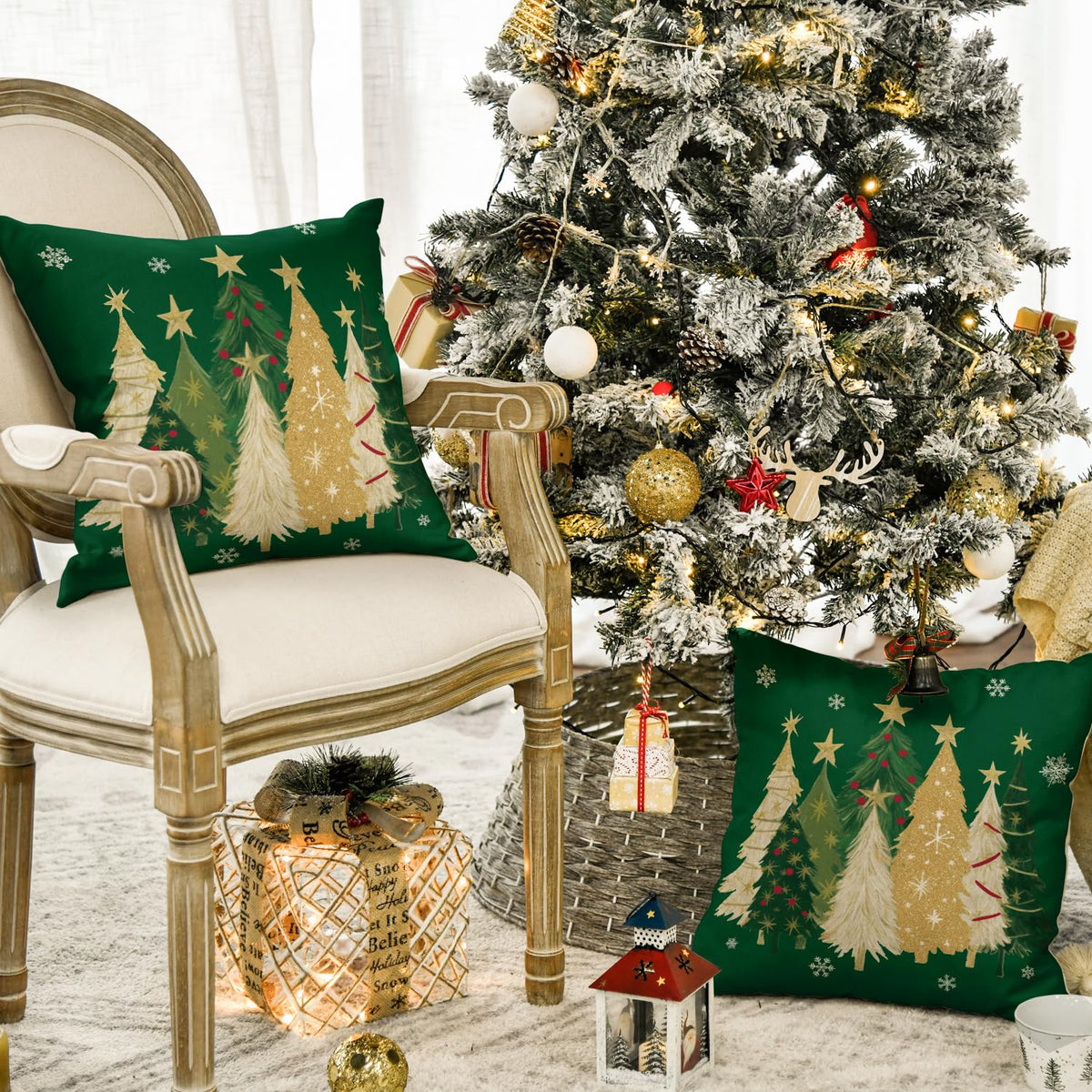Christmas Trees Star Green Throw Pillow Covers Set of 2, 18 x 18 Inch Snowflake Seasonal Winter Holiday Cushion Case
