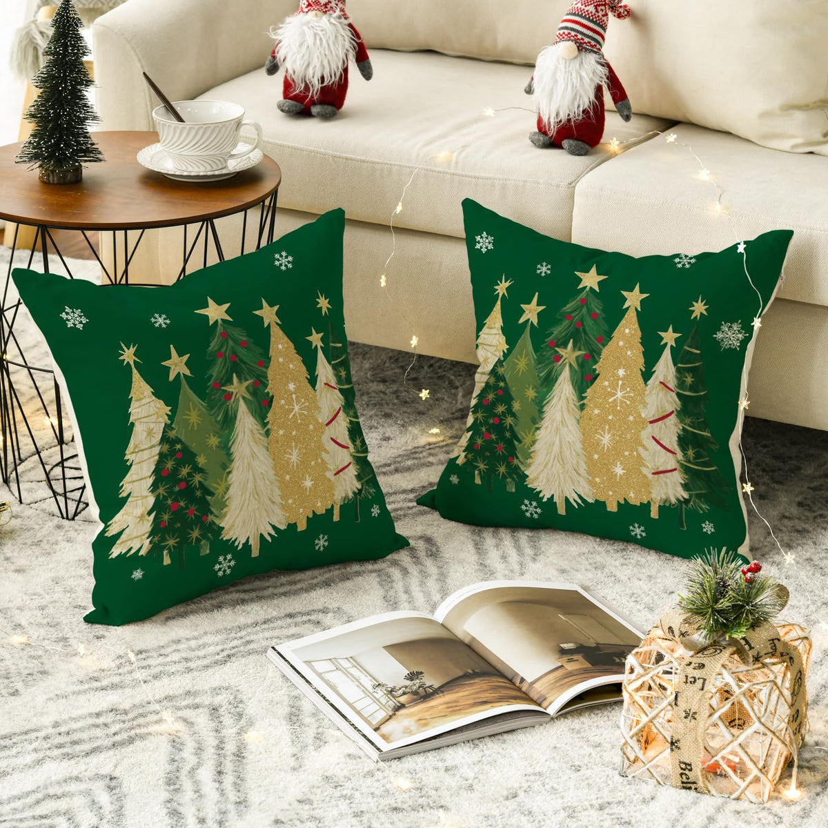 Christmas Trees Star Green Throw Pillow Covers Set of 2, 18 x 18 Inch Snowflake Seasonal Winter Holiday Cushion Case