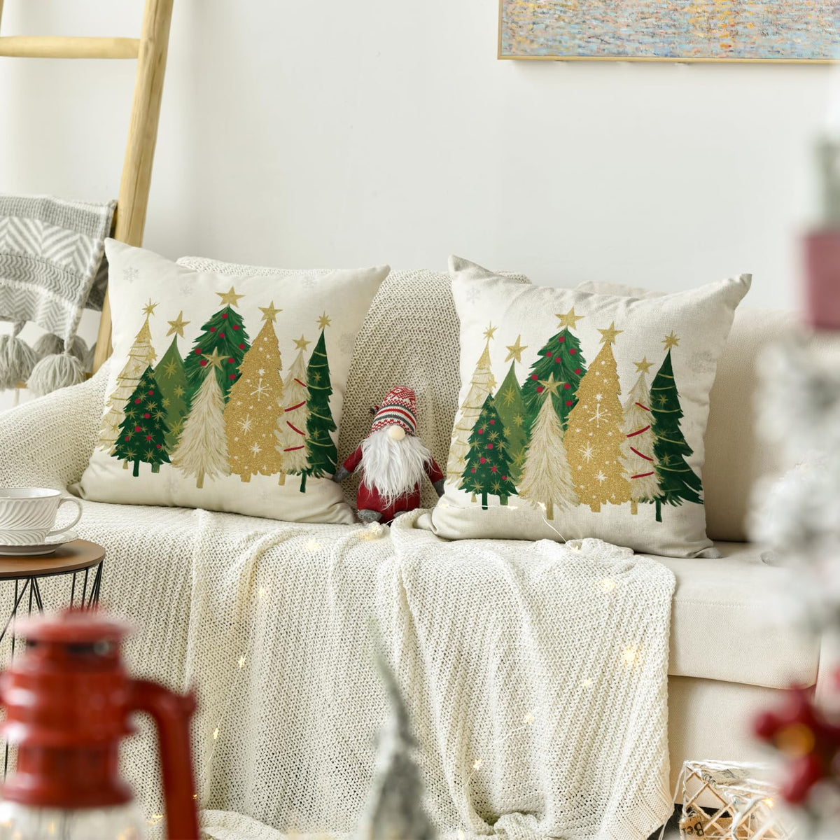 Christmas Trees Star White Throw Pillow Covers Set of 2, 18 x 18 Inch Snowflake