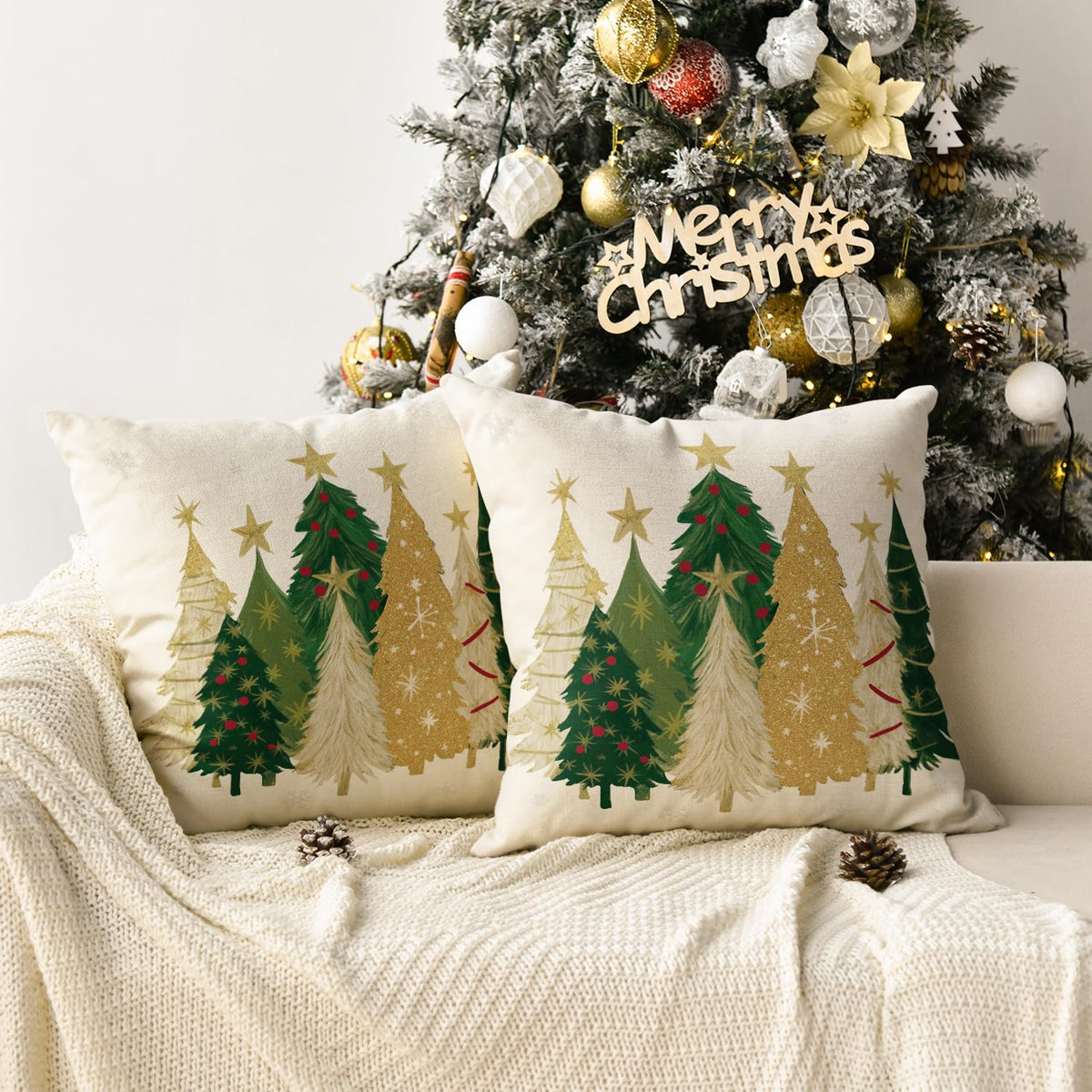 Christmas Trees Star White Throw Pillow Covers Set of 2, 18 x 18 Inch Snowflake