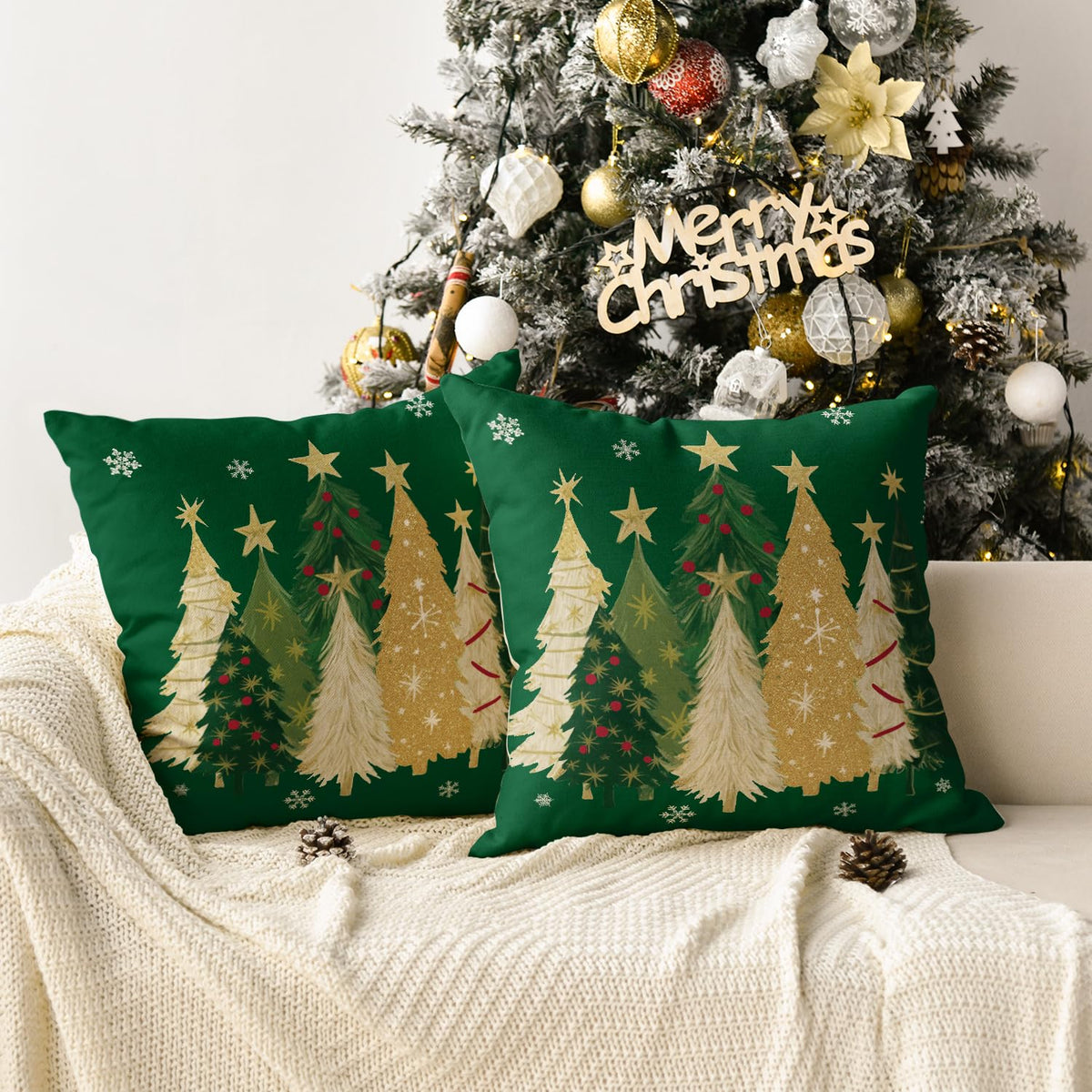 Christmas Trees Star Green Throw Pillow Covers Set of 2, 18 x 18 Inch Snowflake