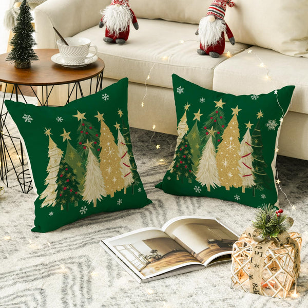 Christmas Trees Star Green Throw Pillow Covers Set of 2, 18 x 18 Inch Snowflake