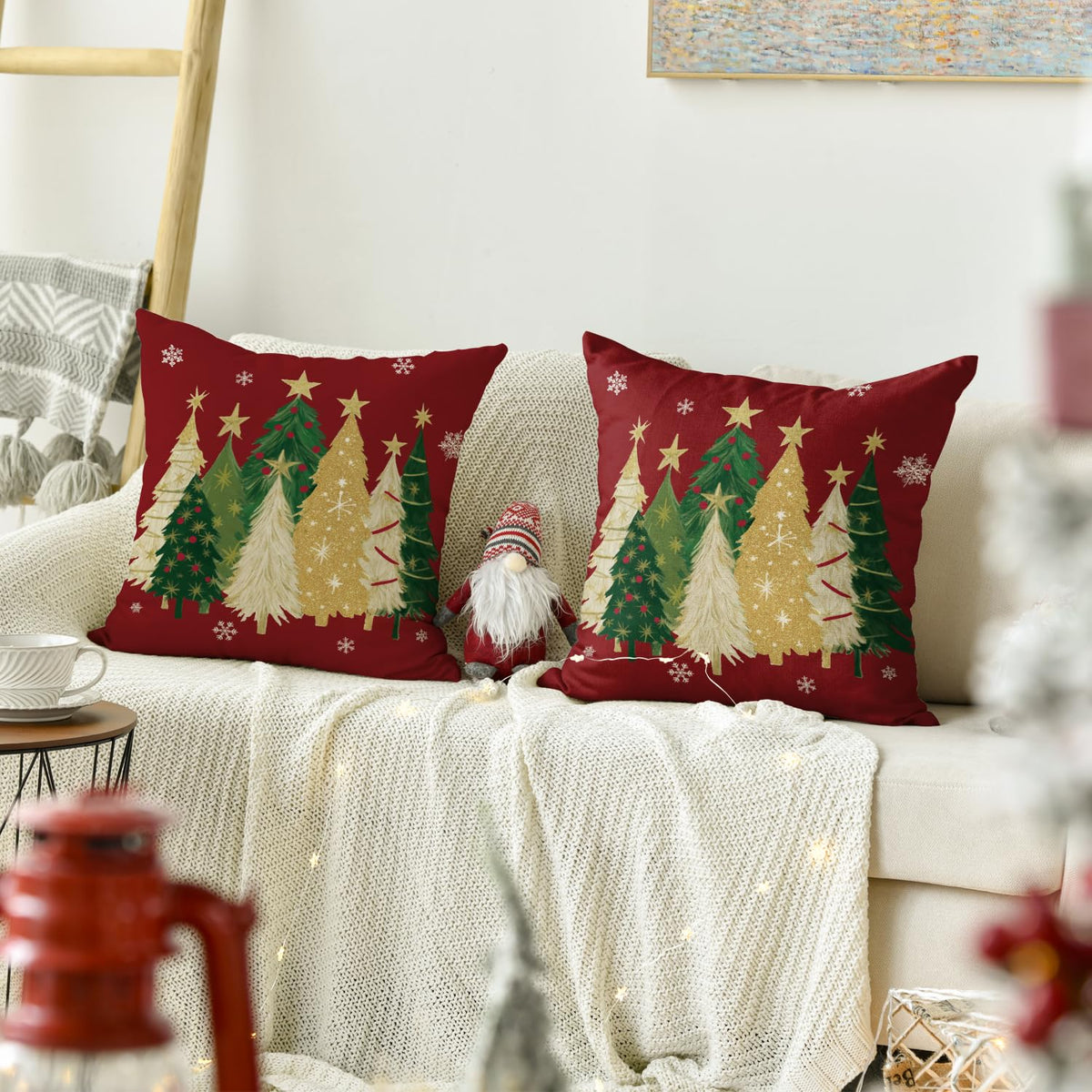 Christmas Trees Star Red Throw Pillow Covers Set of 2, 18 x 18 Inch Snowflake