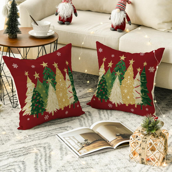 Christmas Trees Star Red Throw Pillow Covers Set of 2, 18 x 18 Inch Snowflake