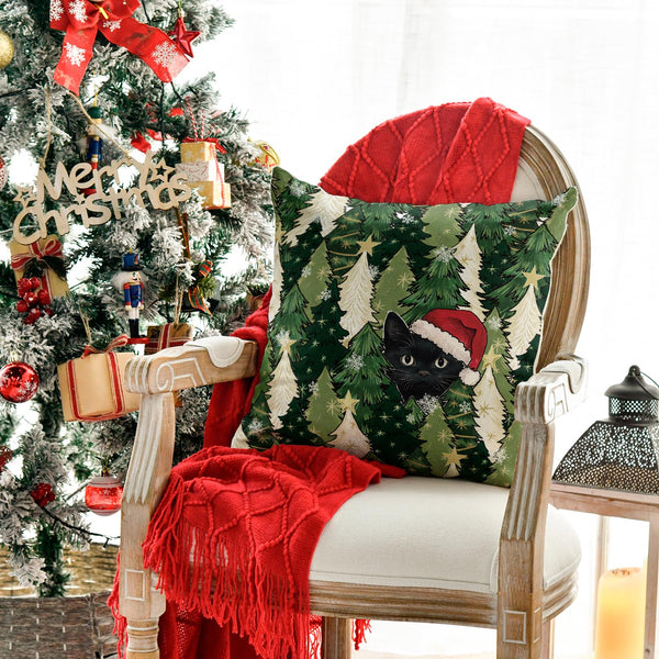 Christmas Trees Stars Black Cat Throw Pillow Cover, 18 x 18 Inch Snowflake Seasonal