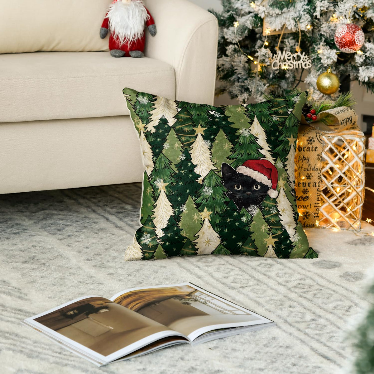 Christmas Trees Stars Black Cat Throw Pillow Cover, 18 x 18 Inch Snowflake Seasonal
