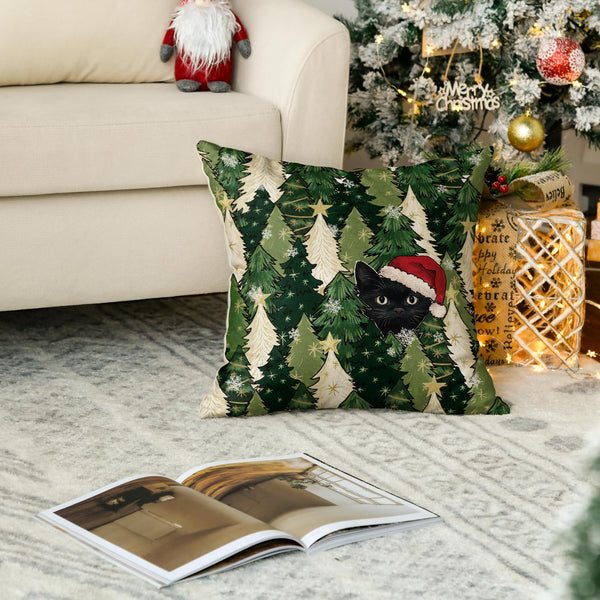 Christmas Trees Stars Black Cat Throw Pillow Cover, 18 x 18 Inch Snowflake Seasonal