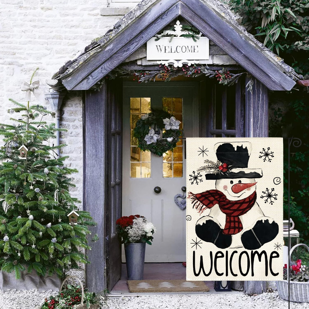 Christmas Winter Garden Flag 12x18 Inch 1-Sided Outside, Snowman Snowflake Welcome
