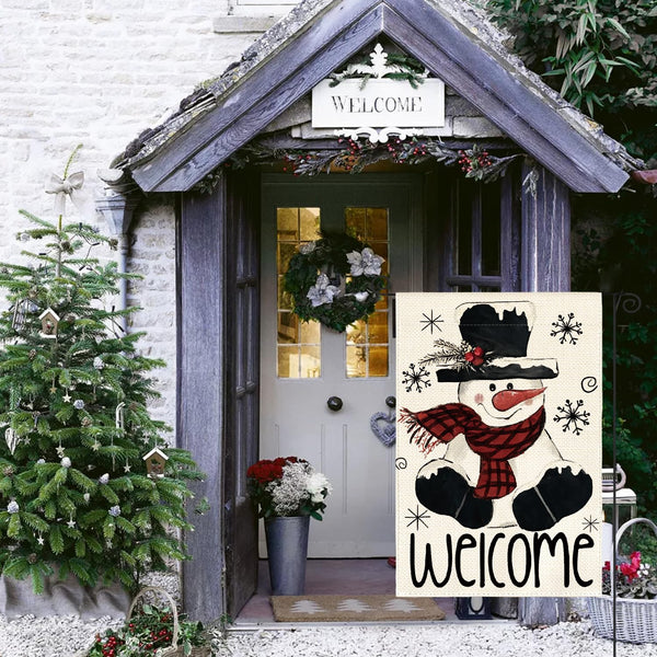 Christmas Winter Garden Flag 12x18 Inch 1-Sided Outside, Snowman Snowflake Welcome
