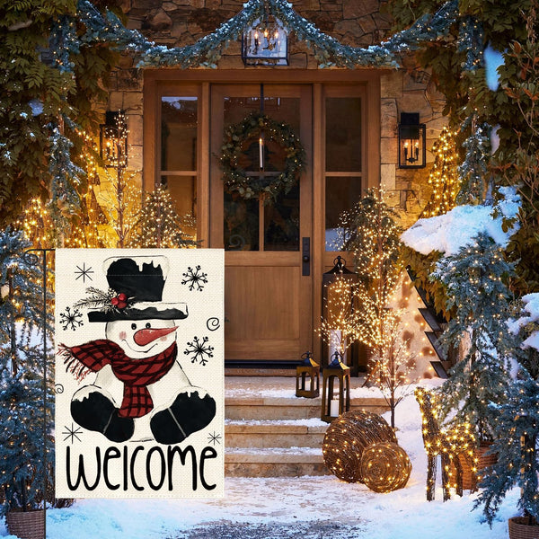 Christmas Winter Garden Flag 12x18 Inch 1-Sided Outside, Snowman Snowflake Welcome