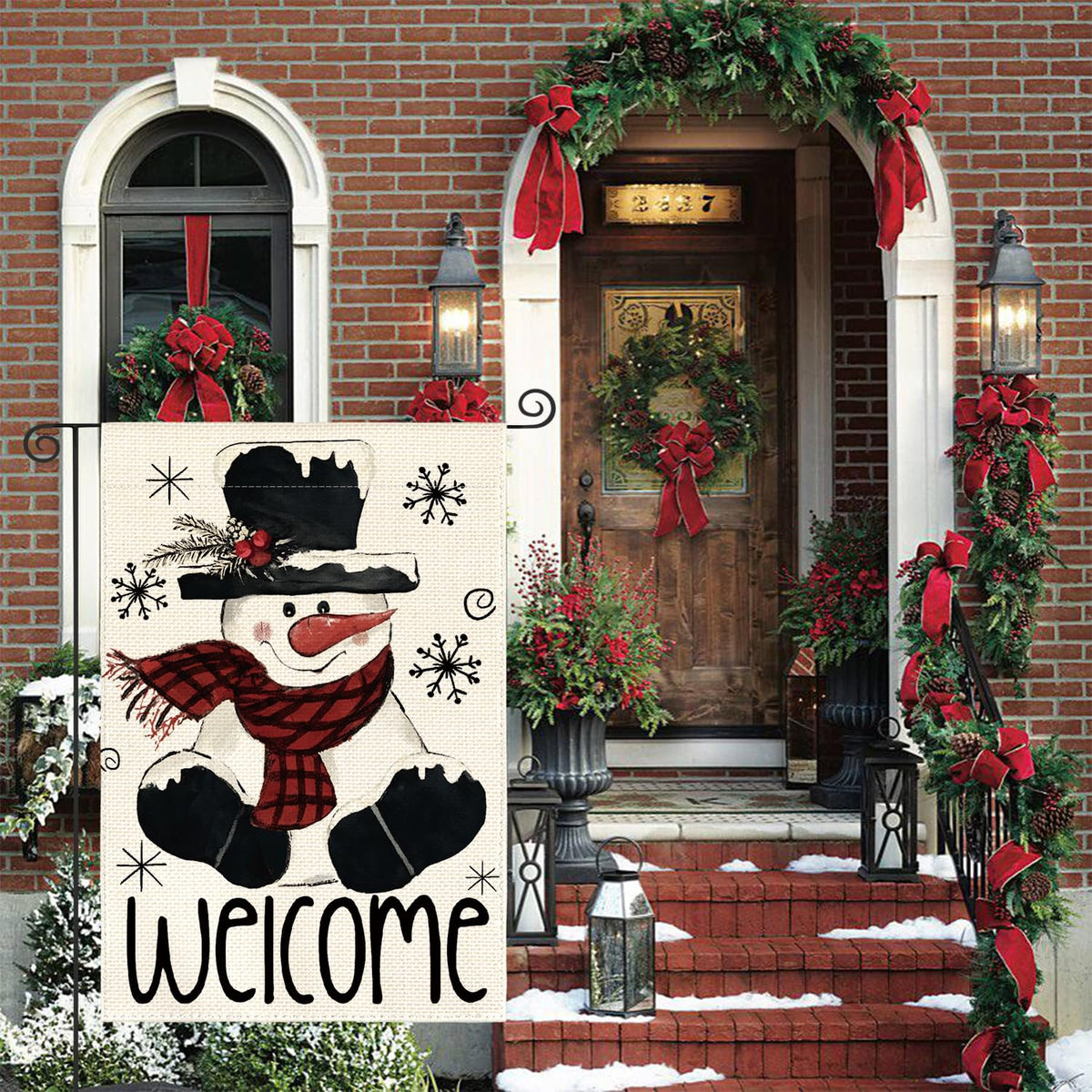 Christmas Winter Garden Flag 12x18 Inch 1-Sided Outside, Snowman Snowflake Welcome