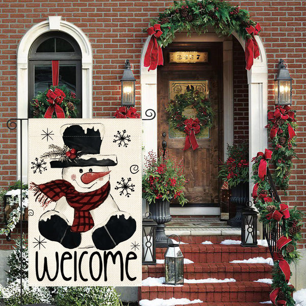 Christmas Winter Garden Flag 12x18 Inch 1-Sided Outside, Snowman Snowflake Welcome