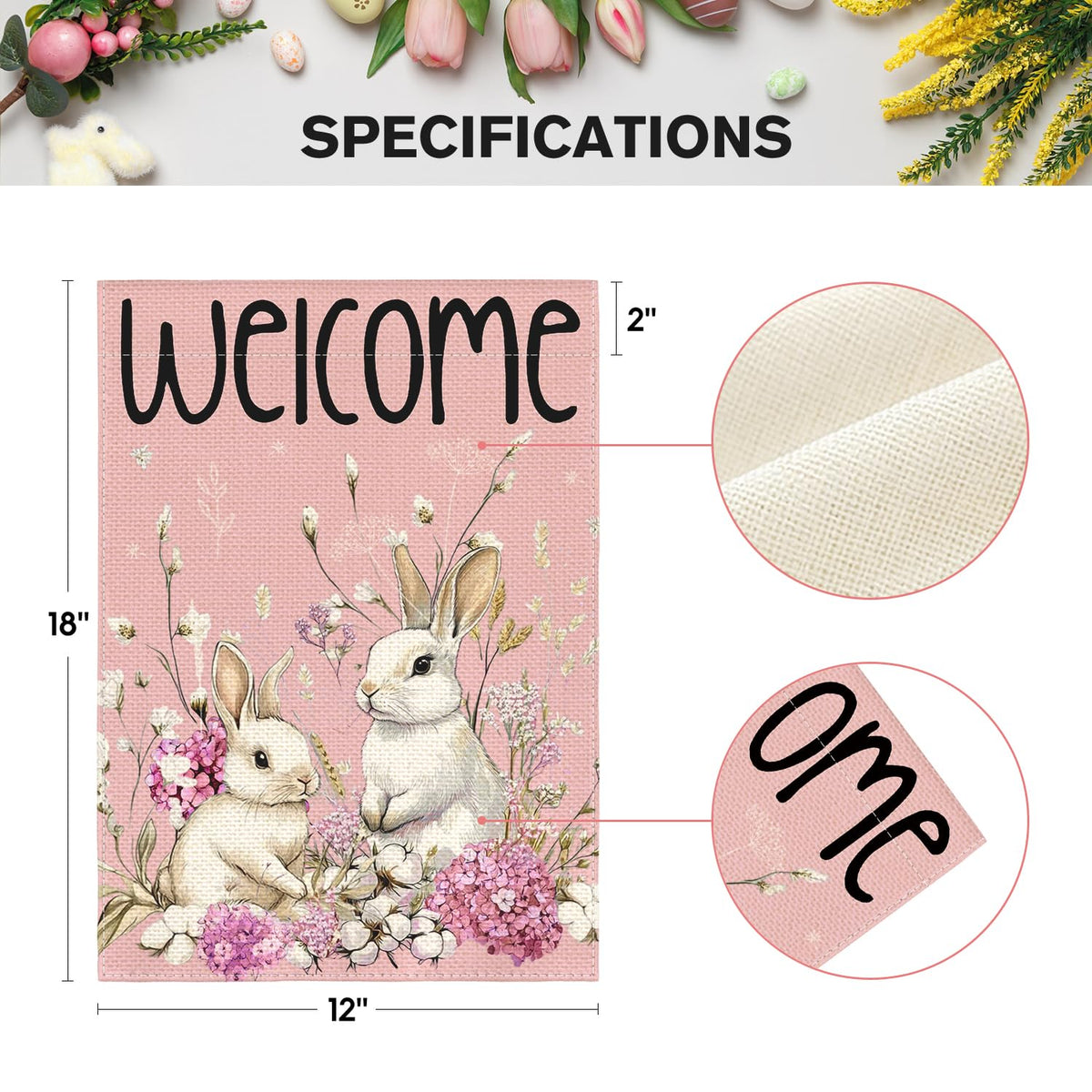 Easter Bunny Garden Flag 12x18 Inch Double Sided Outside, Floral Welcome Holiday Yard Outdoor Flag Pink
