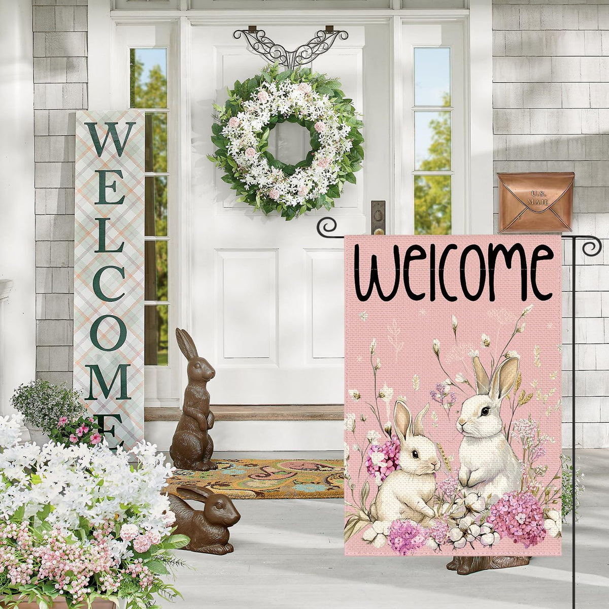 Easter Bunny Garden Flag 12x18 Inch Double Sided Outside, Floral Welcome Holiday Yard Outdoor Flag Pink