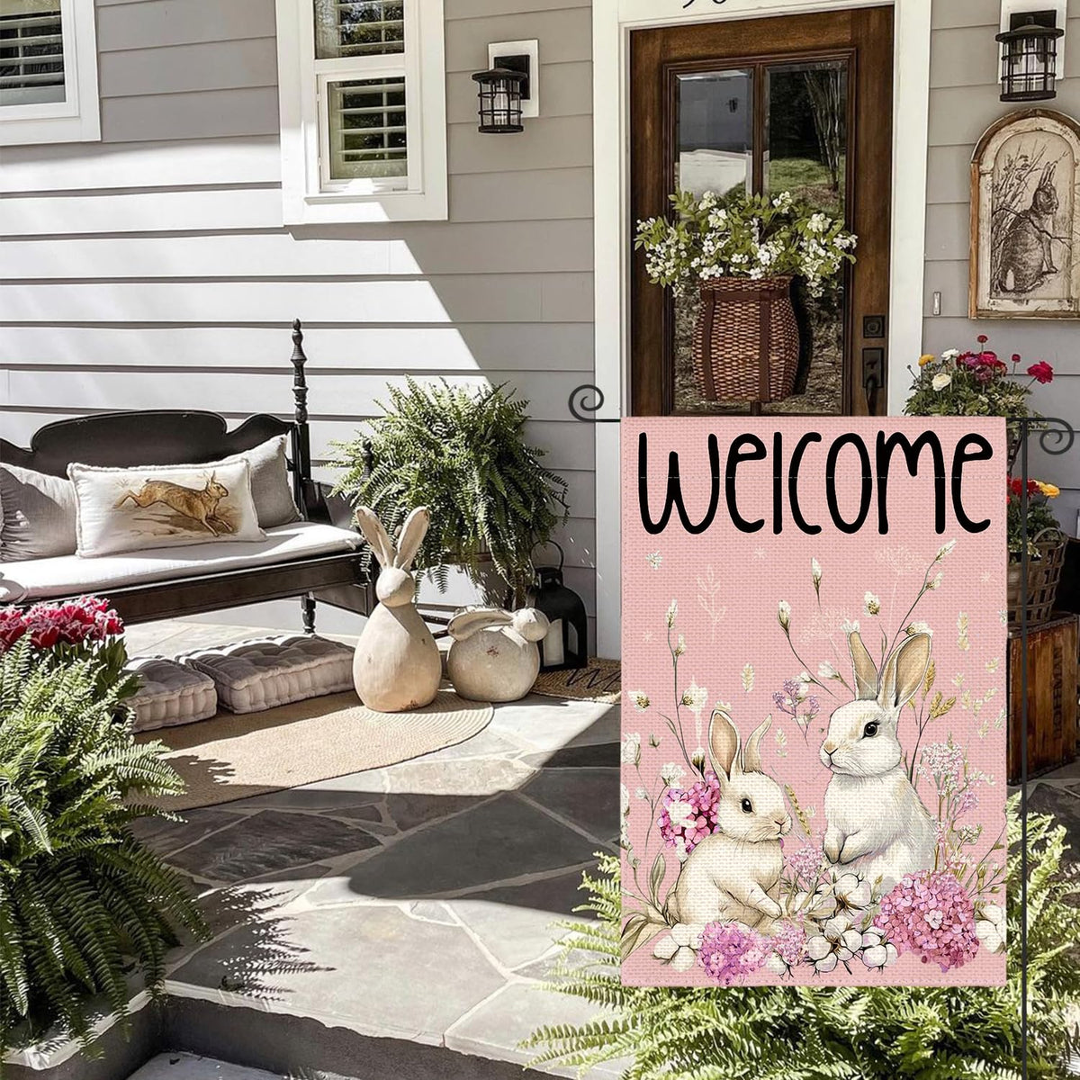 Easter Bunny Garden Flag 12x18 Inch Double Sided Outside, Floral Welcome Holiday Yard Outdoor Flag Pink