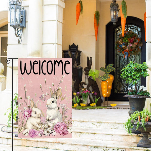 Easter Bunny Garden Flag 12x18 Inch Double Sided Outside, Floral Welcome Holiday Yard Outdoor Flag Pink