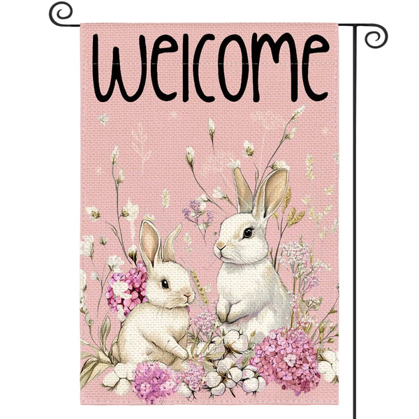 Easter Bunny Garden Flag 12x18 Inch Double Sided Outside, Floral Welcome Holiday Yard Outdoor Flag Pink