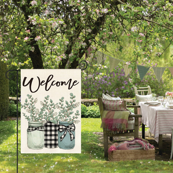 Eucalyptus Mason Jar Spring Summer Garden Flag 12x18 Inch 1 Sided Outside, Buffalo Plaid