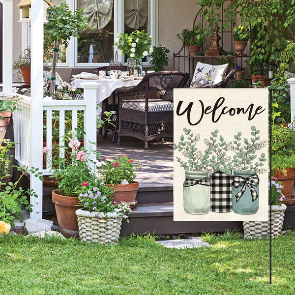 Eucalyptus Mason Jar Spring Summer Garden Flag 12x18 Inch 1 Sided Outside, Buffalo Plaid