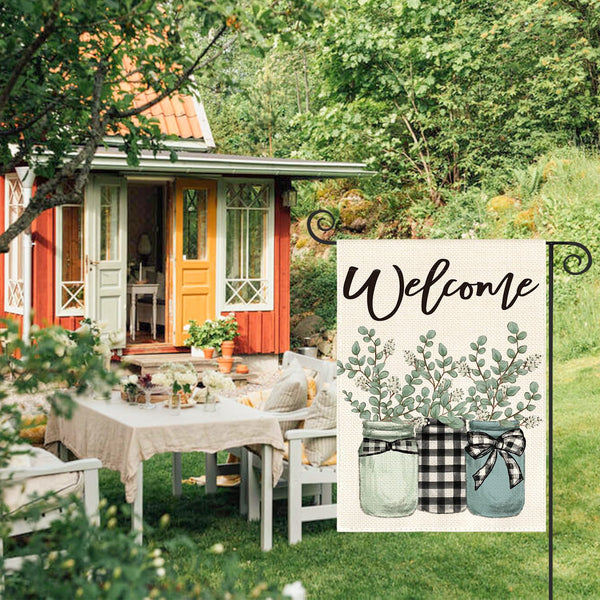 Eucalyptus Mason Jar Spring Summer Garden Flag 12x18 Inch 1 Sided Outside, Buffalo Plaid