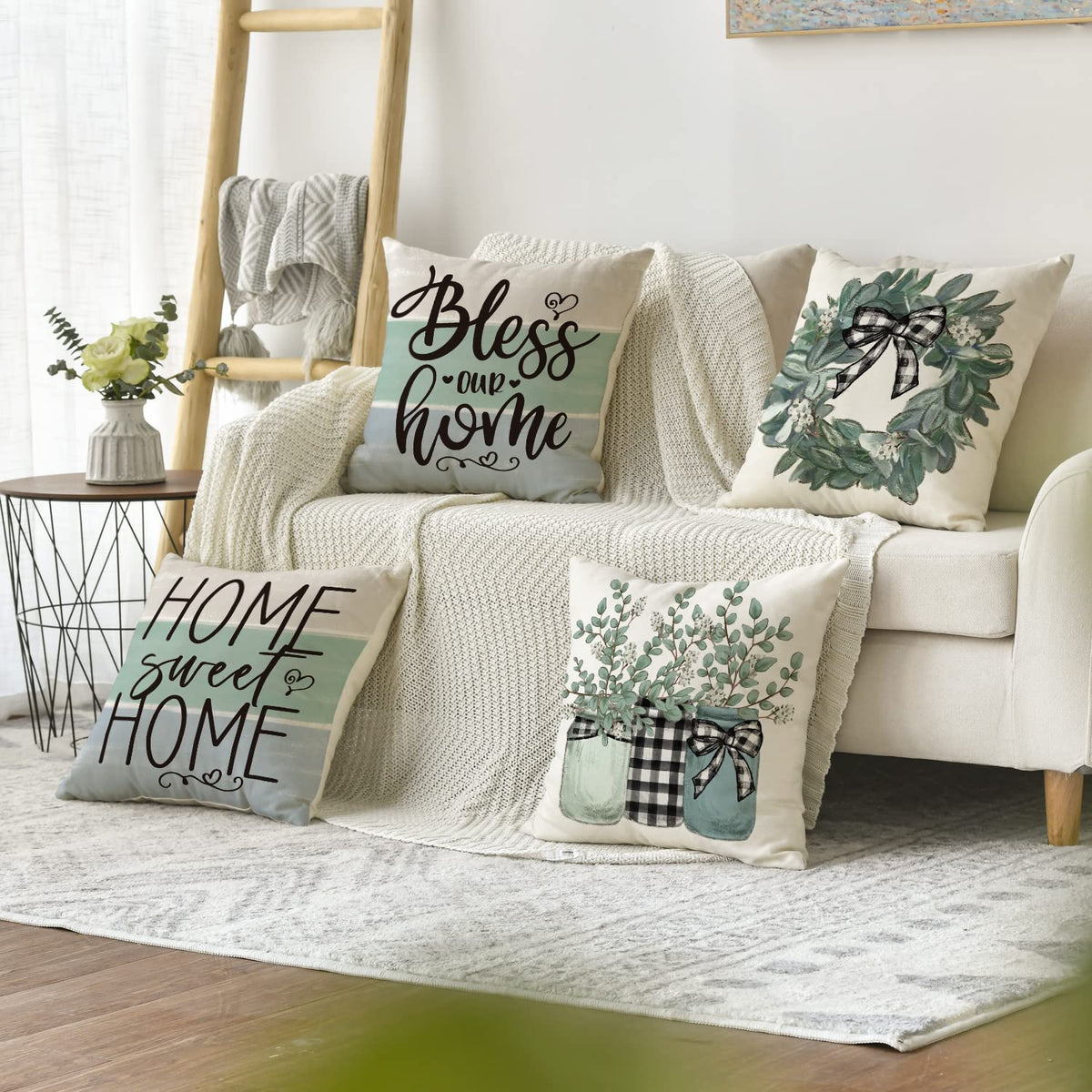 Fall Sweet Home Eucalyptus Lamb Ear Wreath Throw Pillow Covers, 18 x 18 Inch Bless Our Home Buffalo Plaid